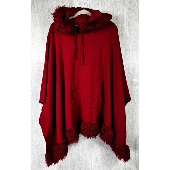 Polo Jeans Co Ralph Lauren Poncho Cape Red Fringe Hooded One Size Vintage Boho - Picture 2 of 8